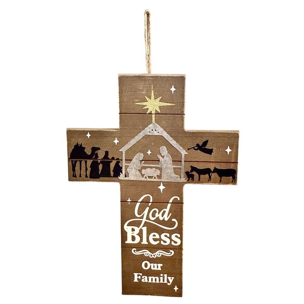 Christmas Nativity Scene Silhouette “God Bless Our Family” Wall Cross